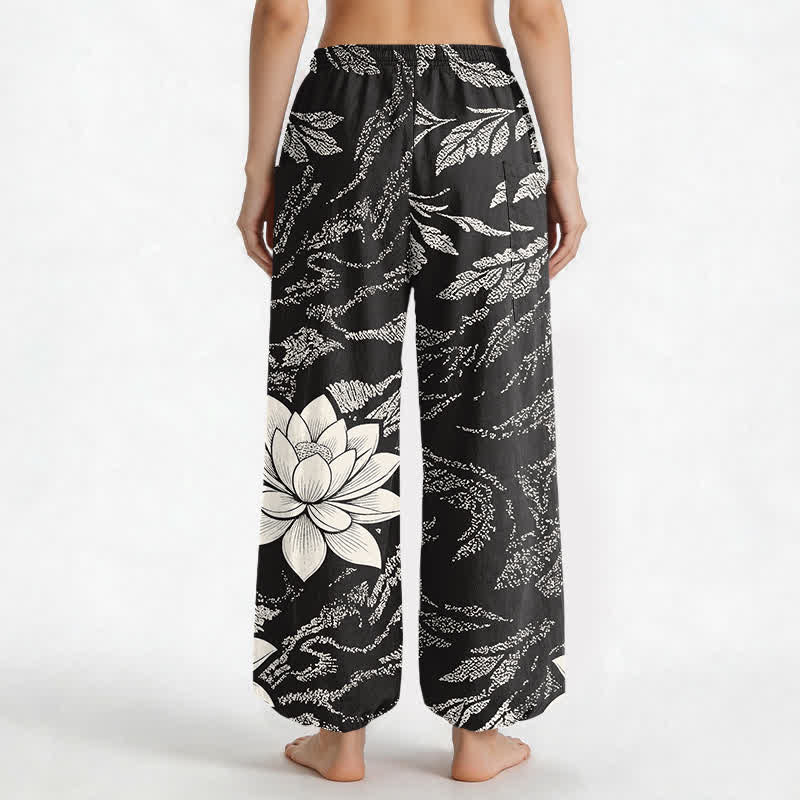Buddha Stones Pantaloni harem da donna in cotone con motivo botanico di loto e vita elasticizzata, con tasche laterali. - image 9