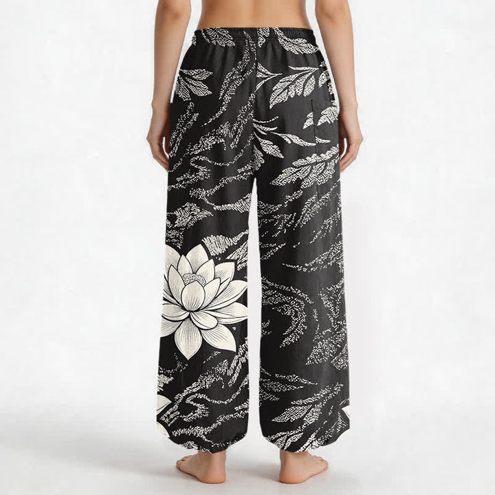Buddha Stones Pantaloni harem da donna in cotone con motivo botanico di loto e vita elasticizzata, con tasche laterali. - image 9