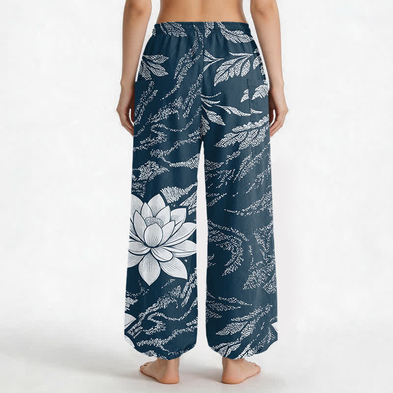 Buddha Stones Pantaloni harem da donna in cotone con motivo botanico di loto e vita elasticizzata, con tasche laterali. - image 12