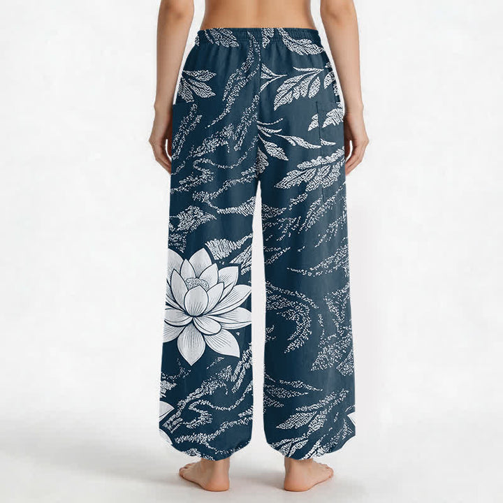 Buddha Stones Pantaloni harem da donna in cotone con motivo botanico di loto e vita elasticizzata, con tasche laterali. - image 12