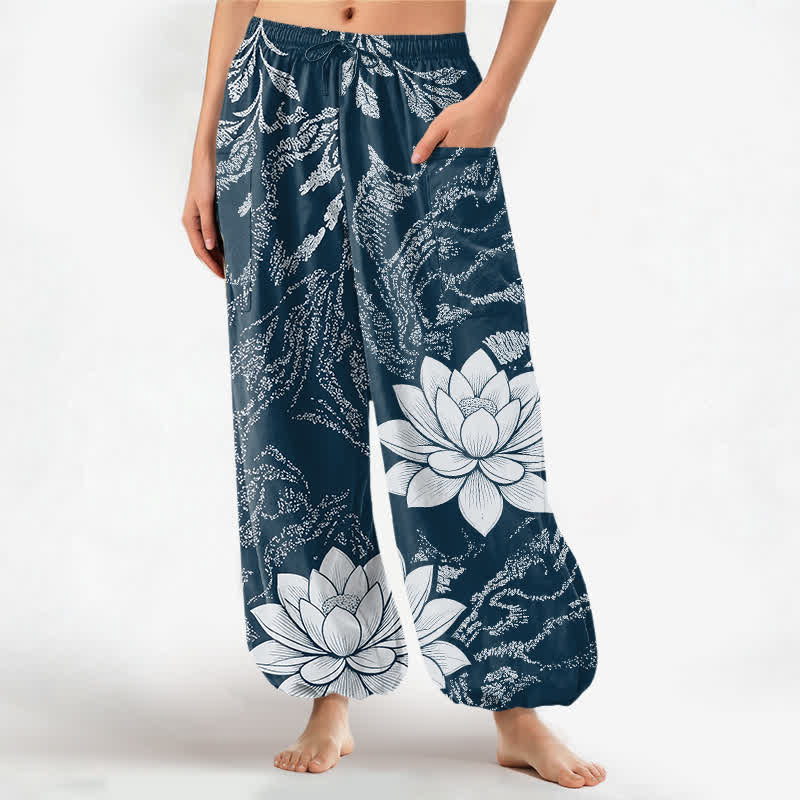 Buddha Stones Pantaloni harem da donna in cotone con motivo botanico di loto e vita elasticizzata, con tasche laterali. - Verde acqua - US16, UK/AU20, EU48 (3XL) - image 10