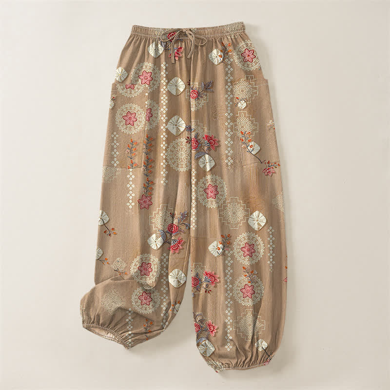 Buddha Stones Pantaloni harem da donna in cotone vintage con motivo floreale geometrico e vita elasticizzata, con tasche laterali. - image 3