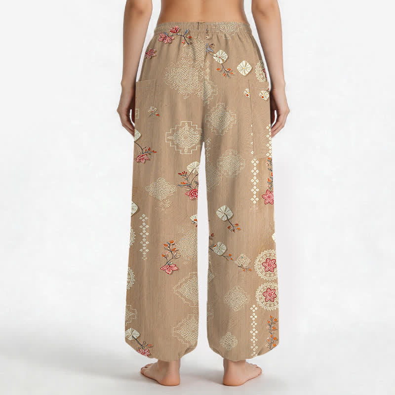 Buddha Stones Pantaloni harem da donna in cotone vintage con motivo floreale geometrico e vita elasticizzata, con tasche laterali. - image 2