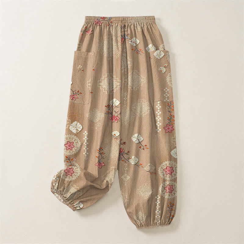 Buddha Stones Pantaloni harem da donna in cotone vintage con motivo floreale geometrico e vita elasticizzata, con tasche laterali. - image 4