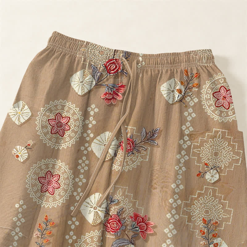 Buddha Stones Pantaloni harem da donna in cotone vintage con motivo floreale geometrico e vita elasticizzata, con tasche laterali. - image 5