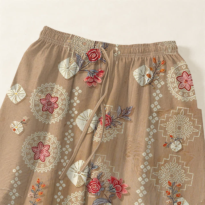Buddha Stones Pantaloni harem da donna in cotone vintage con motivo floreale geometrico e vita elasticizzata, con tasche laterali. - image 5