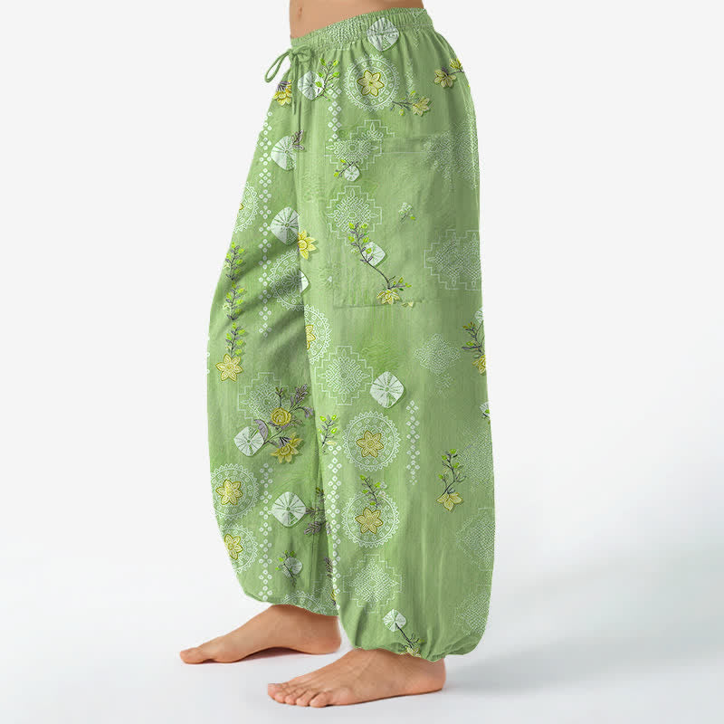 Buddha Stones Pantaloni harem da donna in cotone vintage con motivo floreale geometrico e vita elasticizzata, con tasche laterali. - image 8
