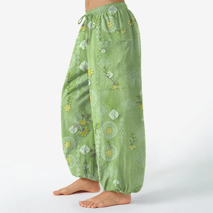 Buddha Stones Pantaloni harem da donna in cotone vintage con motivo floreale geometrico e vita elasticizzata, con tasche laterali. - image 8