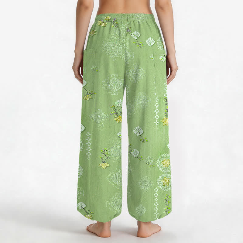 Buddha Stones Pantaloni harem da donna in cotone vintage con motivo floreale geometrico e vita elasticizzata, con tasche laterali. - image 9