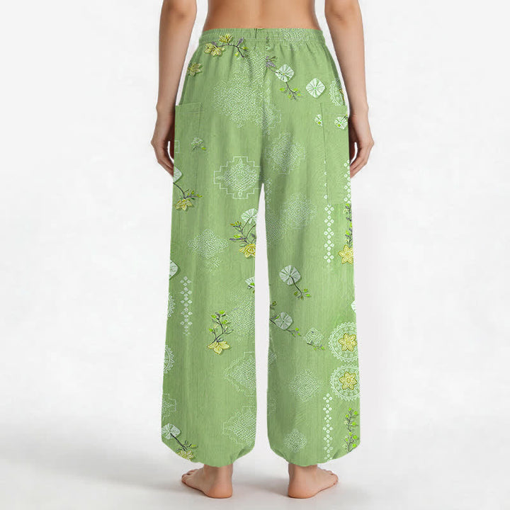 Buddha Stones Pantaloni harem da donna in cotone vintage con motivo floreale geometrico e vita elasticizzata, con tasche laterali. - image 9