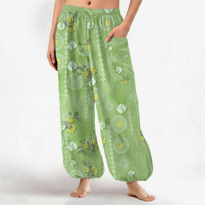 Buddha Stones Pantaloni harem da donna in cotone vintage con motivo floreale geometrico e vita elasticizzata, con tasche laterali. - Verde chiaro - US16, UK/AU20, EU48 (3XL) - image 7