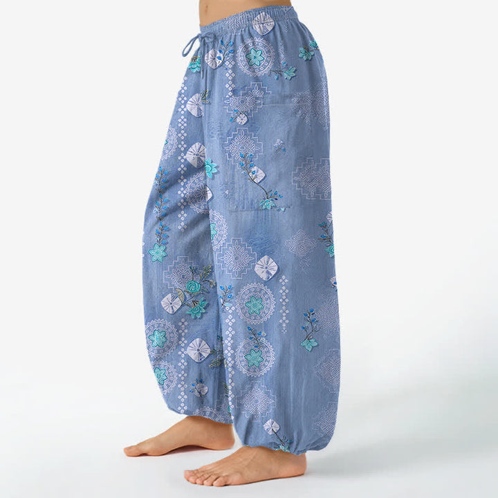 Buddha Stones Pantaloni harem da donna in cotone vintage con motivo floreale geometrico e vita elasticizzata, con tasche laterali. - image 11