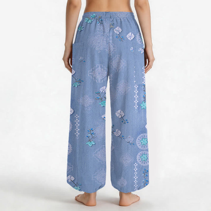 Buddha Stones Pantaloni harem da donna in cotone vintage con motivo floreale geometrico e vita elasticizzata, con tasche laterali. - image 12
