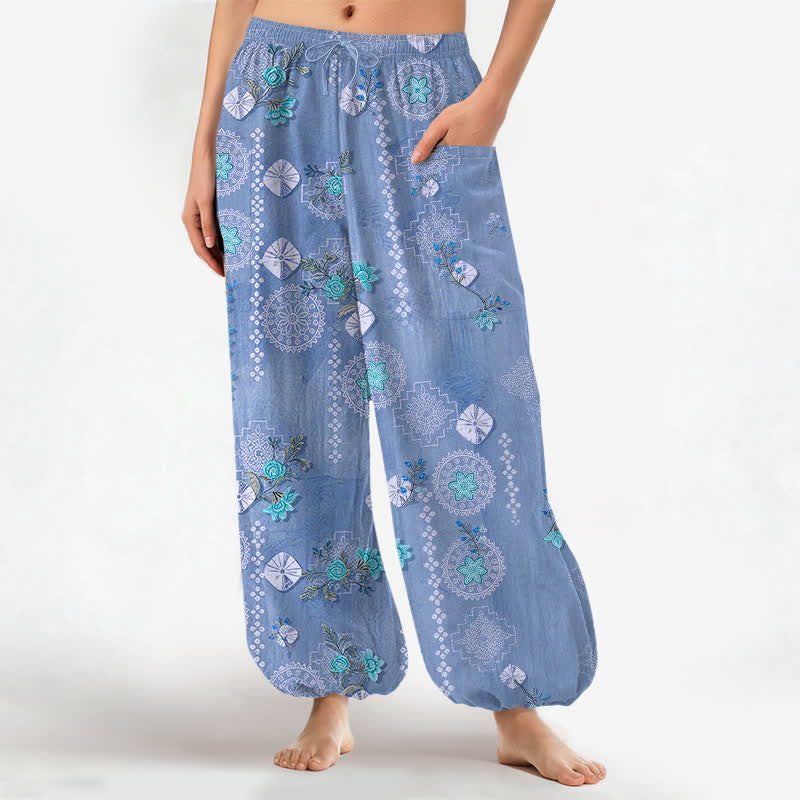 Buddha Stones Pantaloni harem da donna in cotone vintage con motivo floreale geometrico e vita elasticizzata, con tasche laterali. - SteelBlue - US16, UK/AU20, EU48 (3XL) - image 10