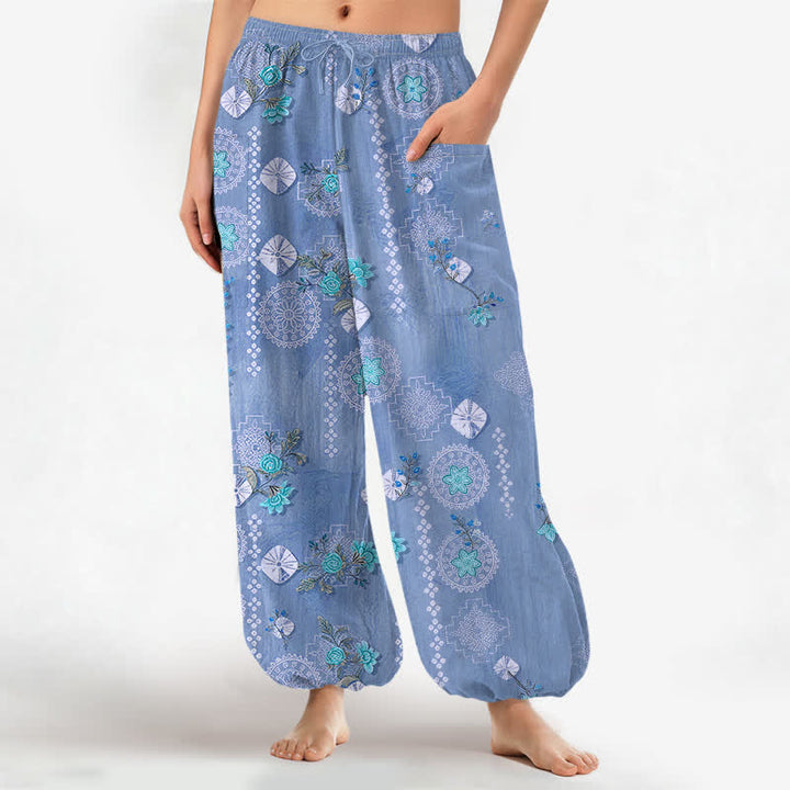 Buddha Stones Pantaloni harem da donna in cotone vintage con motivo floreale geometrico e vita elasticizzata, con tasche laterali. - SteelBlue - US16, UK/AU20, EU48 (3XL) - image 10