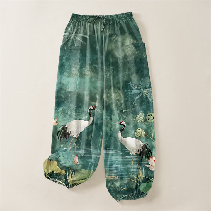 Buddha Stones Pantaloni harem da donna in cotone con motivo a gru e loto orientali, vita elasticizzata e tasche laterali. - image 3