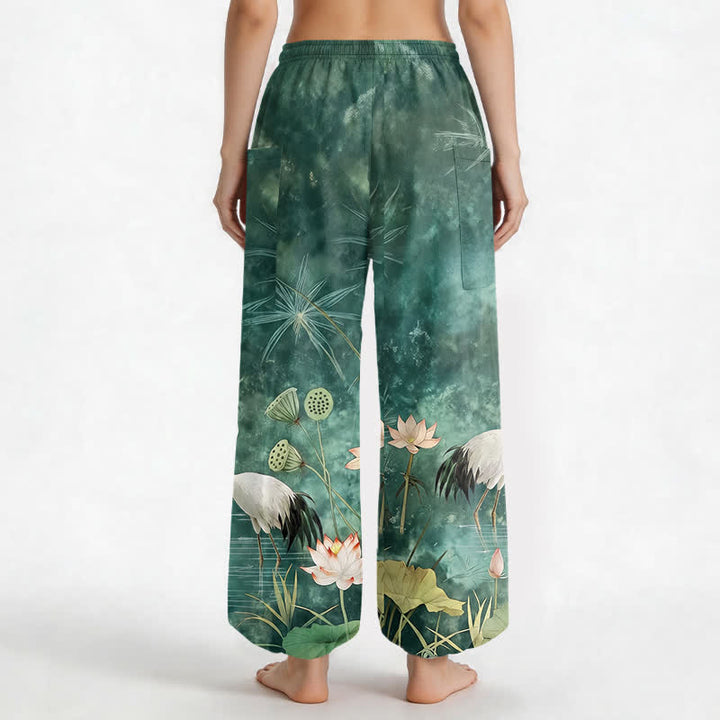 Buddha Stones Pantaloni harem da donna in cotone con motivo a gru e loto orientali, vita elasticizzata e tasche laterali. - image 2