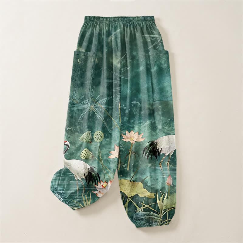 Buddha Stones Pantaloni harem da donna in cotone con motivo a gru e loto orientali, vita elasticizzata e tasche laterali. - image 4