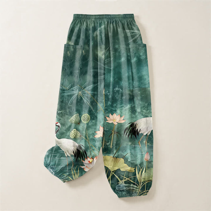 Buddha Stones Pantaloni harem da donna in cotone con motivo a gru e loto orientali, vita elasticizzata e tasche laterali. - image 4
