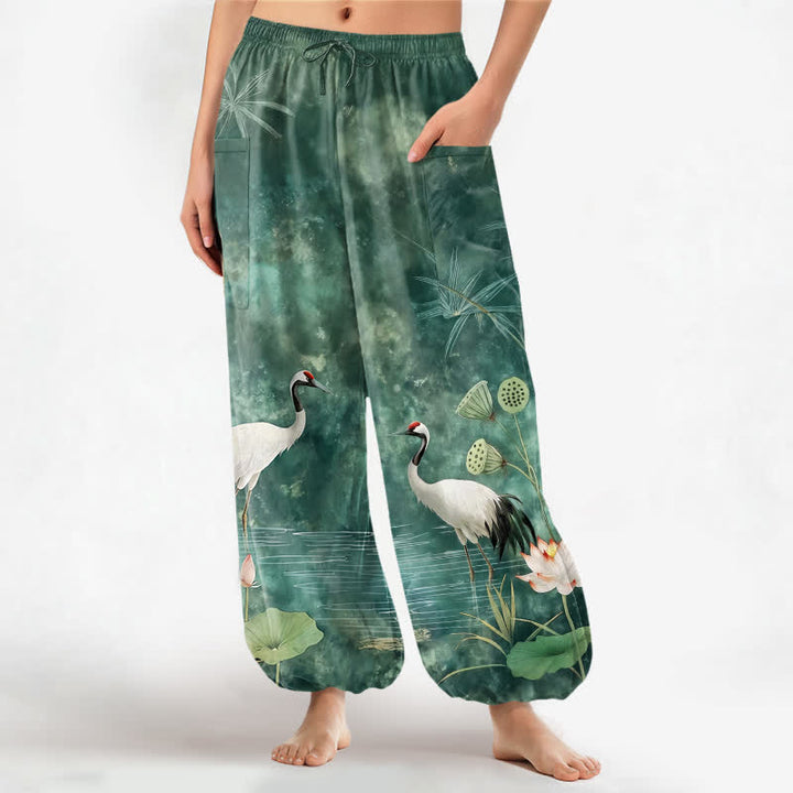 Buddha Stones Pantaloni harem da donna in cotone con motivo a gru e loto orientali, vita elasticizzata e tasche laterali. - Acquamarina media - US16, UK/AU20, EU48 (3XL) - image 0