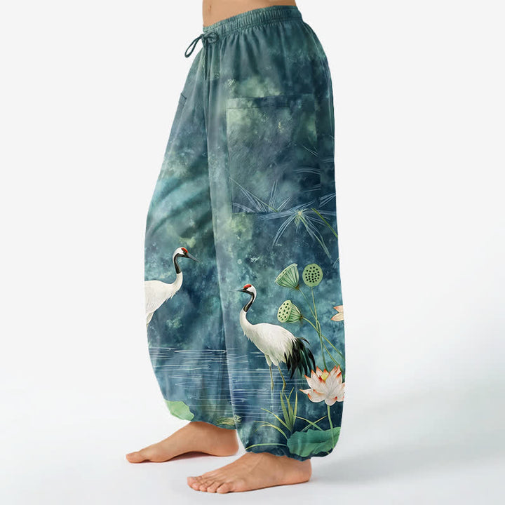 Buddha Stones Pantaloni harem da donna in cotone con motivo a gru e loto orientali, vita elasticizzata e tasche laterali. - image 8