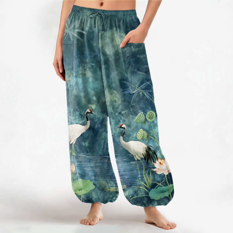 Buddha Stones Pantaloni harem da donna in cotone con motivo a gru e loto orientali, vita elasticizzata e tasche laterali. - Verde acqua - US16, UK/AU20, EU48 (3XL) - image 7