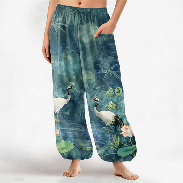 Buddha Stones Pantaloni harem da donna in cotone con motivo a gru e loto orientali, vita elasticizzata e tasche laterali. - Verde acqua - US16, UK/AU20, EU48 (3XL) - image 7