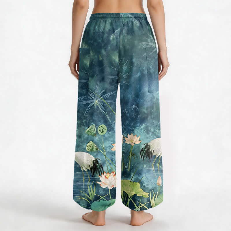 Buddha Stones Pantaloni harem da donna in cotone con motivo a gru e loto orientali, vita elasticizzata e tasche laterali. - image 9