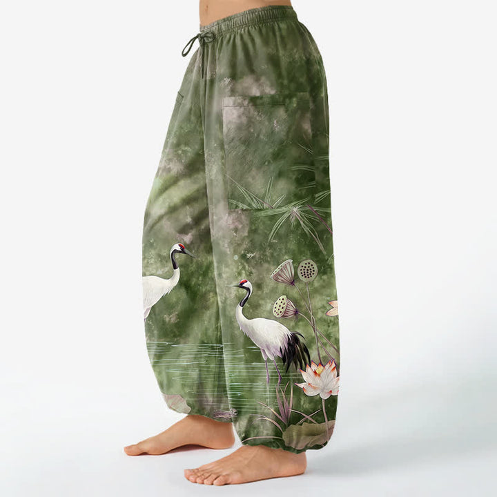 Buddha Stones Pantaloni harem da donna in cotone con motivo a gru e loto orientali, vita elasticizzata e tasche laterali. - image 11