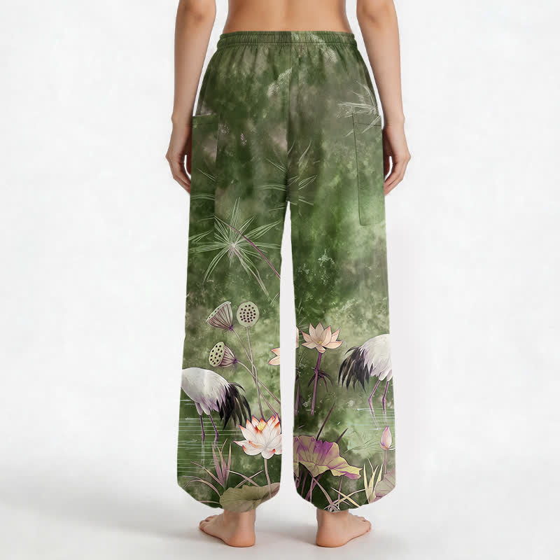 Buddha Stones Pantaloni harem da donna in cotone con motivo a gru e loto orientali, vita elasticizzata e tasche laterali. - image 12