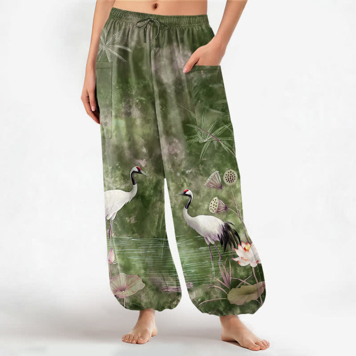 Buddha Stones Pantaloni harem da donna in cotone con motivo a gru e loto orientali, vita elasticizzata e tasche laterali. - Verde oliva - US16, UK/AU20, EU48 (3XL) - image 10