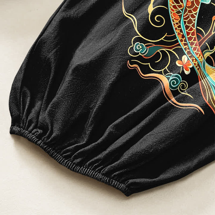 Buddha Stones Pantaloni harem da donna in cotone con motivo floreale orientale e carpe koi, vita elasticizzata e tasche laterali. - image 6