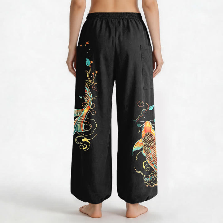 Buddha Stones Pantaloni harem da donna in cotone con motivo floreale orientale e carpe koi, vita elasticizzata e tasche laterali. - image 2