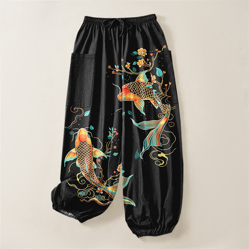 Buddha Stones Pantaloni harem da donna in cotone con motivo floreale orientale e carpe koi, vita elasticizzata e tasche laterali. - image 3