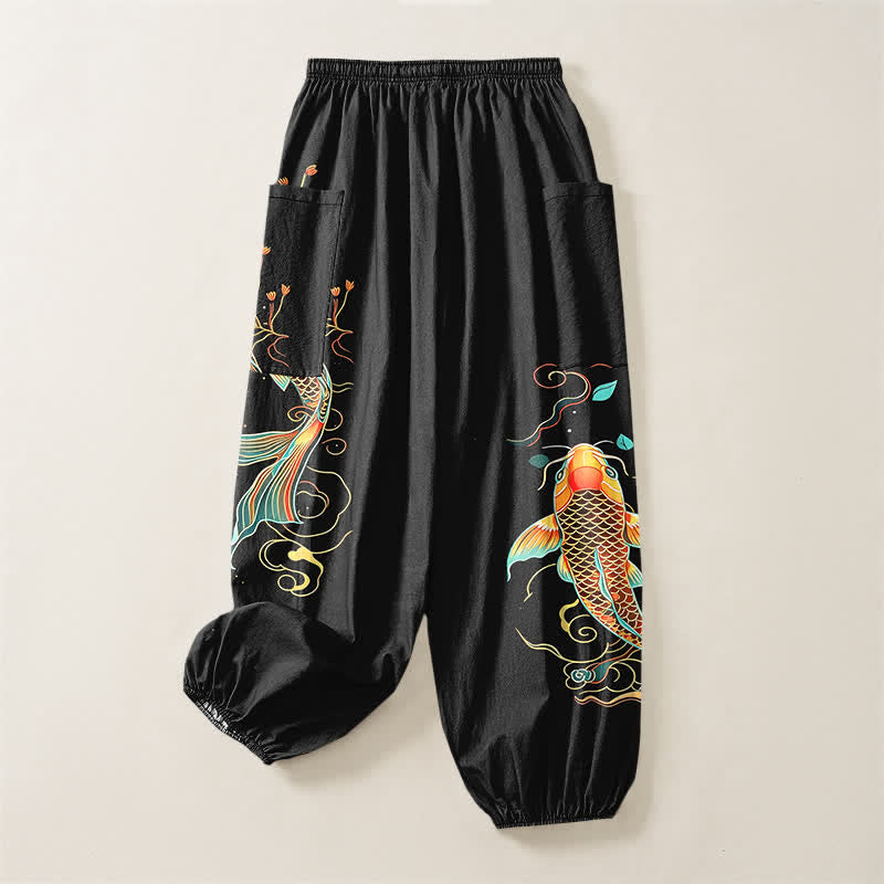 Buddha Stones Pantaloni harem da donna in cotone con motivo floreale orientale e carpe koi, vita elasticizzata e tasche laterali. - image 4