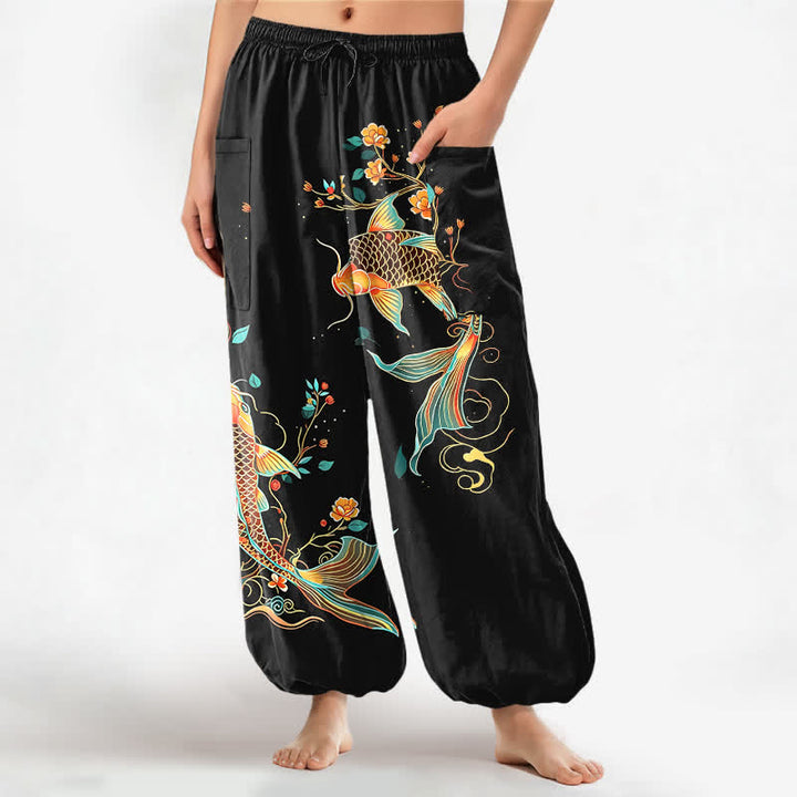 Buddha Stones Pantaloni harem da donna in cotone con motivo floreale orientale e carpe koi, vita elasticizzata e tasche laterali. - Nero - US16, UK/AU20, EU48 (3XL) - image 0