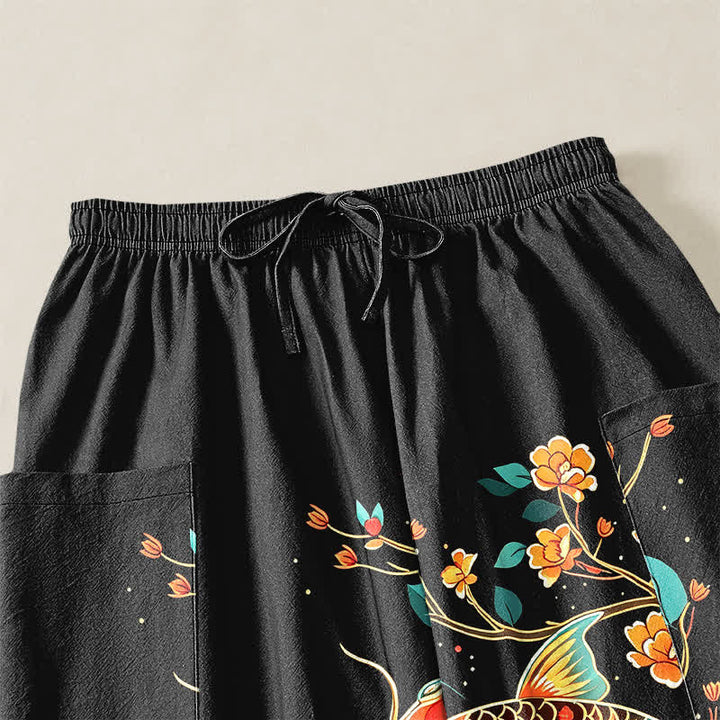 Buddha Stones Pantaloni harem da donna in cotone con motivo floreale orientale e carpe koi, vita elasticizzata e tasche laterali. - image 5