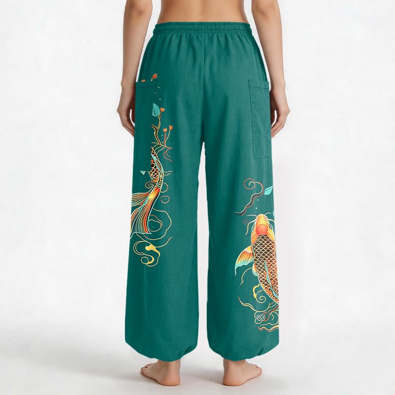 Buddha Stones Pantaloni harem da donna in cotone con motivo floreale orientale e carpe koi, vita elasticizzata e tasche laterali. - image 9