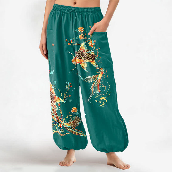 Buddha Stones Pantaloni harem da donna in cotone con motivo floreale orientale e carpe koi, vita elasticizzata e tasche laterali. - Verde acqua - US16, UK/AU20, EU48 (3XL) - image 7