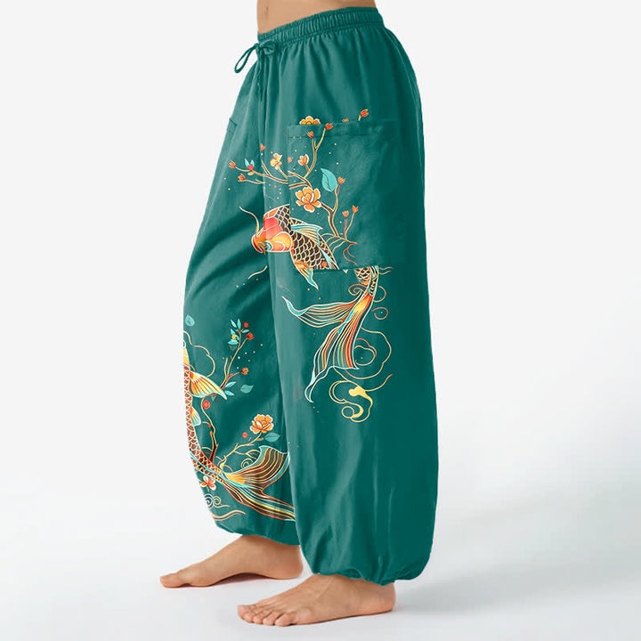 Buddha Stones Pantaloni harem da donna in cotone con motivo floreale orientale e carpe koi, vita elasticizzata e tasche laterali. - image 8