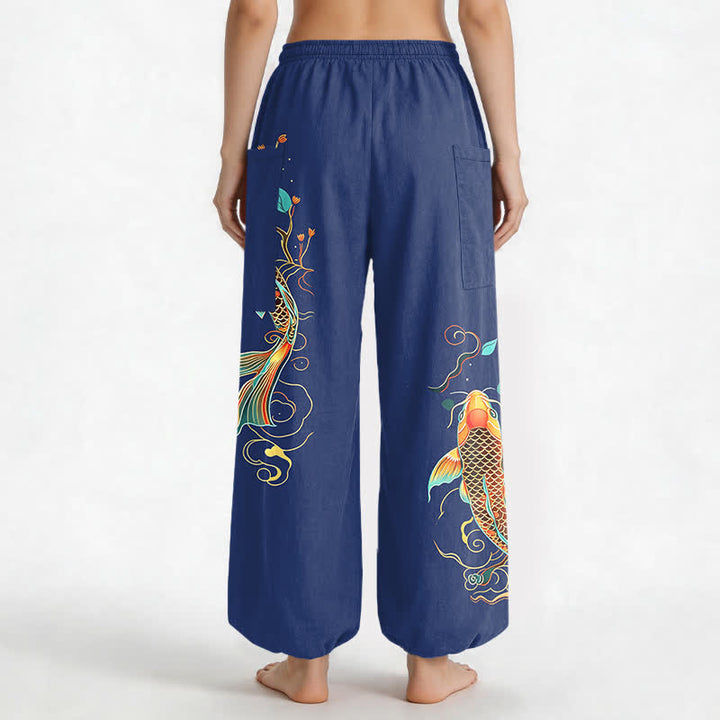 Buddha Stones Pantaloni harem da donna in cotone con motivo floreale orientale e carpe koi, vita elasticizzata e tasche laterali. - image 12