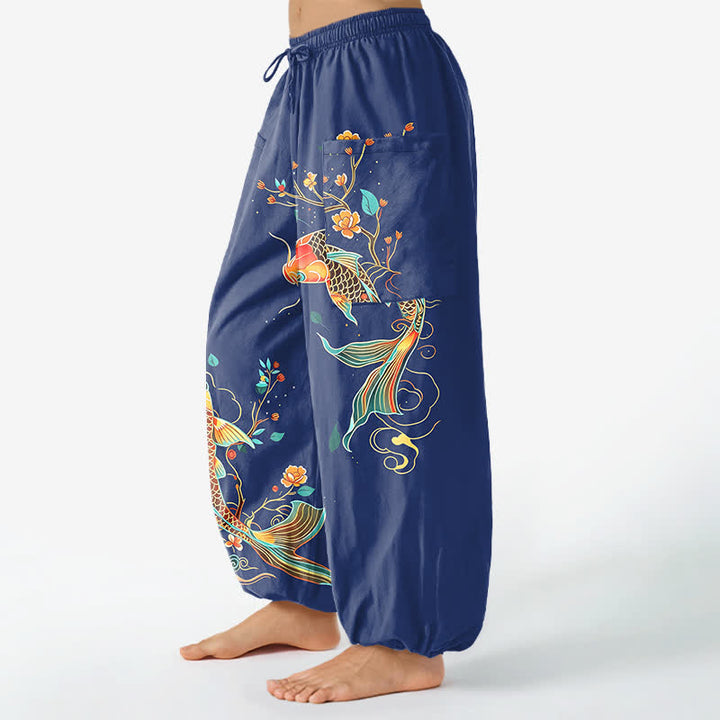 Buddha Stones Pantaloni harem da donna in cotone con motivo floreale orientale e carpe koi, vita elasticizzata e tasche laterali. - image 11