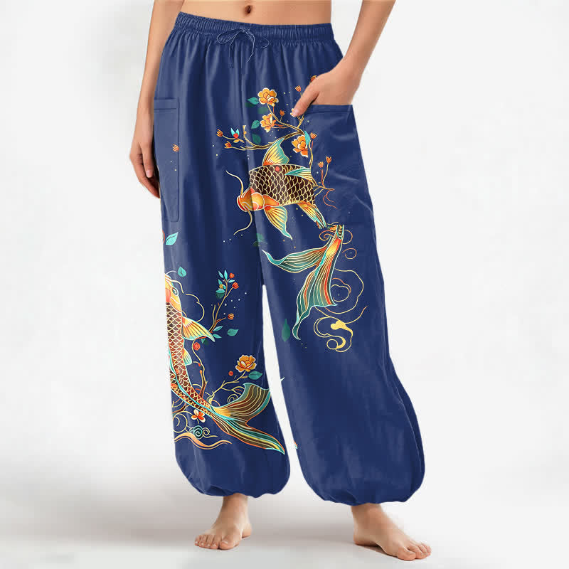 Buddha Stones Pantaloni harem da donna in cotone con motivo floreale orientale e carpe koi, vita elasticizzata e tasche laterali. - Marina - US16, UK/AU20, EU48 (3XL) - image 10