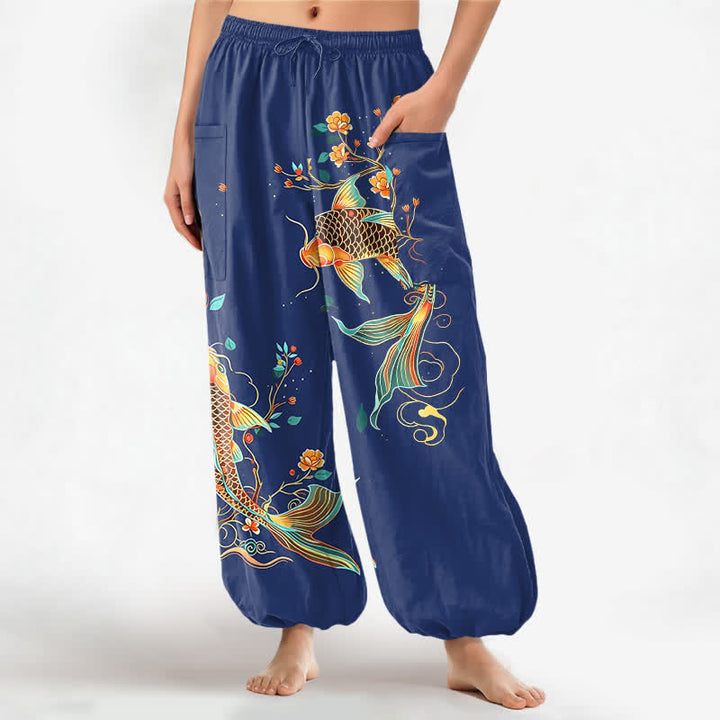 Buddha Stones Pantaloni harem da donna in cotone con motivo floreale orientale e carpe koi, vita elasticizzata e tasche laterali. - Marina - US16, UK/AU20, EU48 (3XL) - image 10