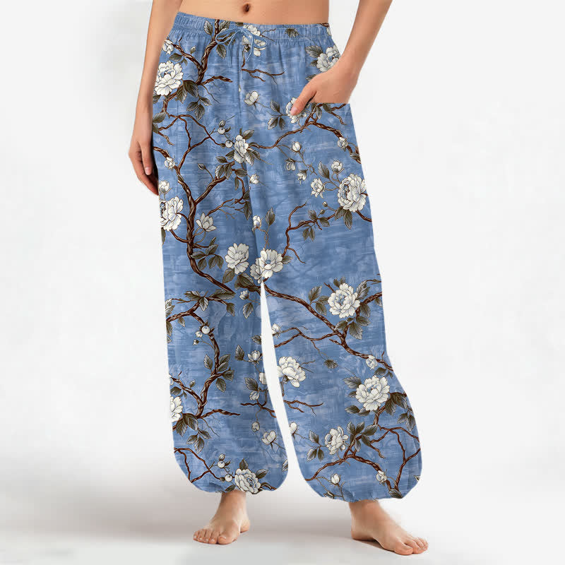 Buddha Stones Pantaloni harem da donna in cotone con elastico in vita e motivo floreale botanico, con tasche laterali. - SteelBlue - US16, UK/AU20, EU48 (3XL) - image 0