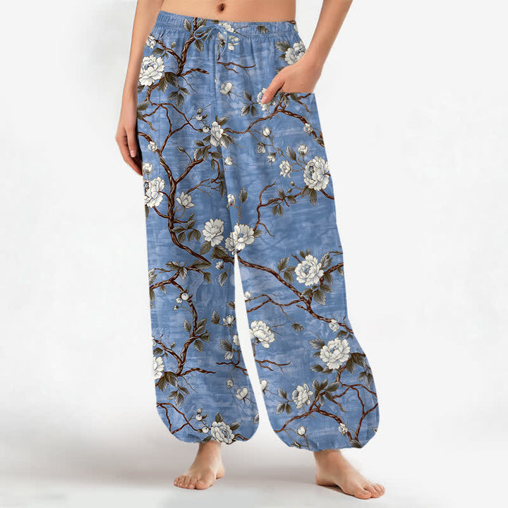 Buddha Stones Pantaloni harem da donna in cotone con elastico in vita e motivo floreale botanico, con tasche laterali. - SteelBlue - US16, UK/AU20, EU48 (3XL) - image 0