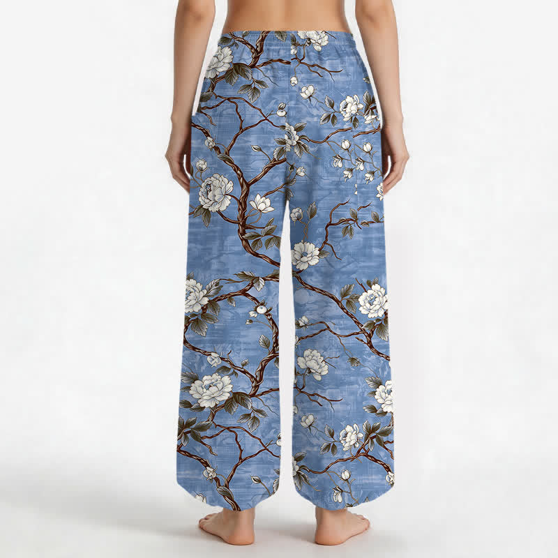Buddha Stones Pantaloni harem da donna in cotone con elastico in vita e motivo floreale botanico, con tasche laterali. - image 2