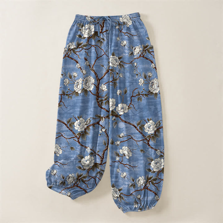 Buddha Stones Pantaloni harem da donna in cotone con elastico in vita e motivo floreale botanico, con tasche laterali. - image 3