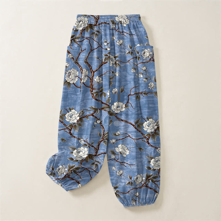 Buddha Stones Pantaloni harem da donna in cotone con elastico in vita e motivo floreale botanico, con tasche laterali. - image 4