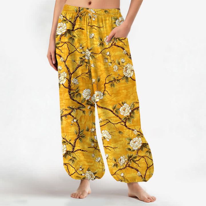 Buddha Stones Pantaloni harem da donna in cotone con elastico in vita e motivo floreale botanico, con tasche laterali. - Oro - US16, UK/AU20, EU48 (3XL) - image 7